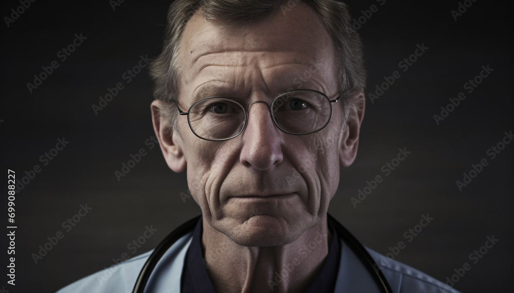Serious senior adult with eyeglasses looking at camera in close up generated by AI Serious senior adult with eyeglasses looking at camera in close up generated by AI