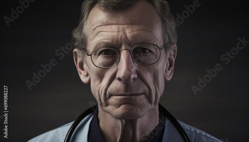 Serious senior adult with eyeglasses looking at camera in close up generated by AI