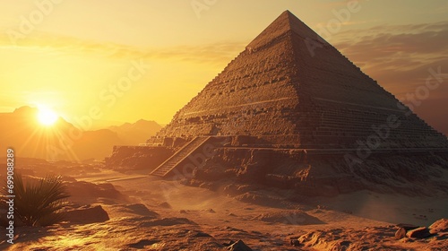 Imponente vista de la Gran Pir  mide de Giza con el sol poniente  reflejando la grandeza del Antiguo Egipto