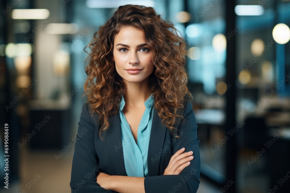 portrait, business, businesswoman, office, opportunity, co-worker, working space, leadership, smile, elegance. portrait image is close up businesswoman at working space. behind have office asset.