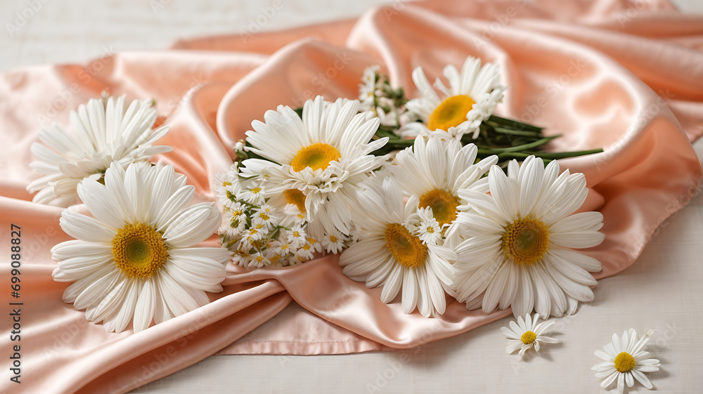 Obraz premium Delicate floral arrangement of daisies on peach silky fabric
