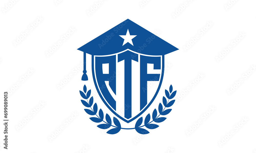 ATF three letter iconic academic logo design vector template. monogram, abstract, school, college, university, graduation cap symbol logo, shield, model, institute, educational, coaching canter, tech - obrazy, fototapety, plakaty 