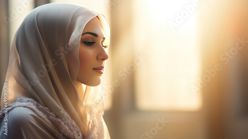 a beautiful Muslim woman wearing a hijab, seen from the side praying to God, with a blurry background and sunlight in front of her, Ramadan greeting card, copy space - generative ai