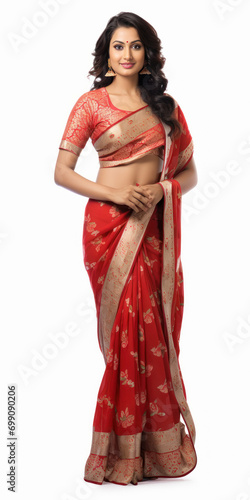 young south indian woman wearing traditional sari on white background