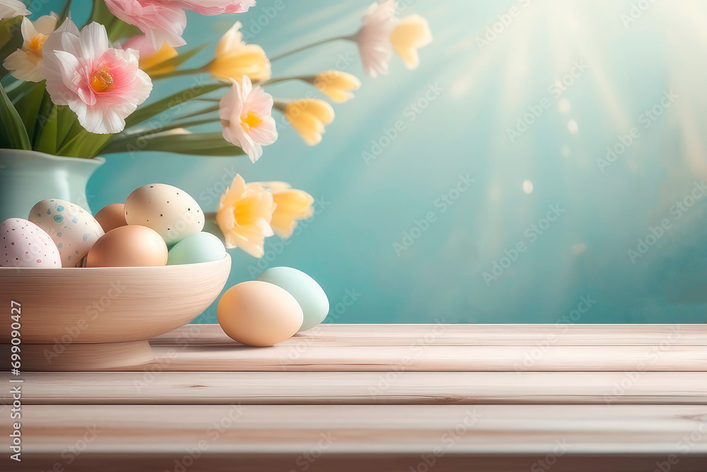 Fototapeta premium Easter wooden table background of free space.