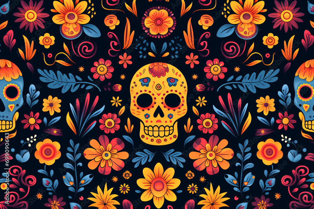 Mexican day of the dead colorful background pattern, illustration for postcards or web design Mexican day of the dead colorful background pattern, illustration for postcards or web design