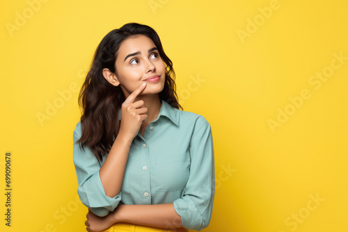 young indian woman thinking on isolated background photo