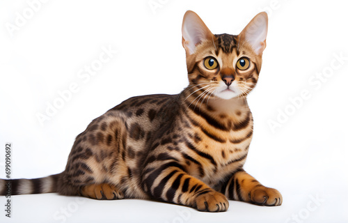 Cute Bengal cat on white background
