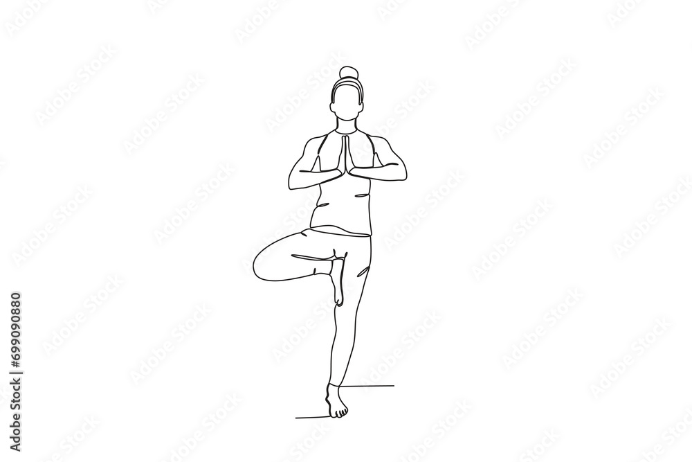 Continuous single line drawing of Woman practicing yoga. Doing in yoga poses, meditation, relaxing, calming down and managing stress. Single line drawing design vector graphic illustration Continuous single line drawing of Woman practicing yoga. Doing in yoga poses, meditation, relaxing, calming down and managing stress. Single line drawing design vector graphic illustration