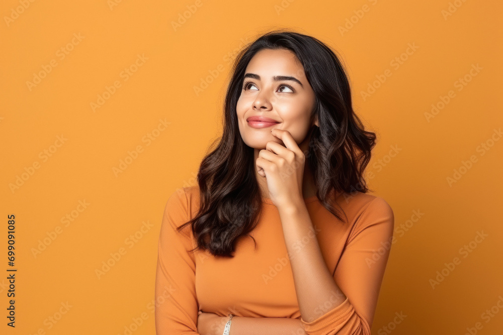 young indian woman thinking on isolated background young indian woman thinking on isolated background