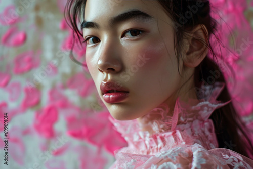 Closeup portrait of a young beautiful Asian woman with side look into the camera, serious. Red lipstick and blushed cheeks, vintage pink dress.