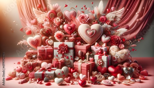 Saint-Valentin : union et amour avec cœurs, cadeaux, décorations festives en rouge, rose et blanc pour une célébration romantique.