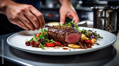 Close-up of a cooked juicy beef tenderloin medium-rare on a white plate with a side dish and herbs the cook holds in his hands