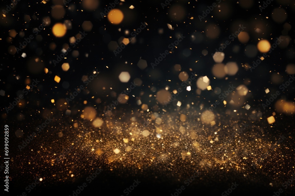 gold, dust, light, sparkle, luxury, glow, christmas, confetti, magic, shine. banner with a background image of golden dust and black sequins. falling around likes nebula galaxy and star in universe.