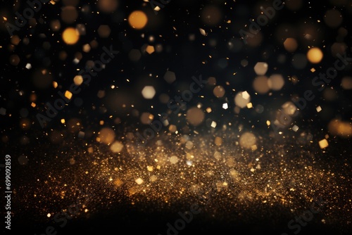 gold, dust, light, sparkle, luxury, glow, christmas, confetti, magic, shine. banner with a background image of golden dust and black sequins. falling around likes nebula galaxy and star in universe. © sornthanashatr