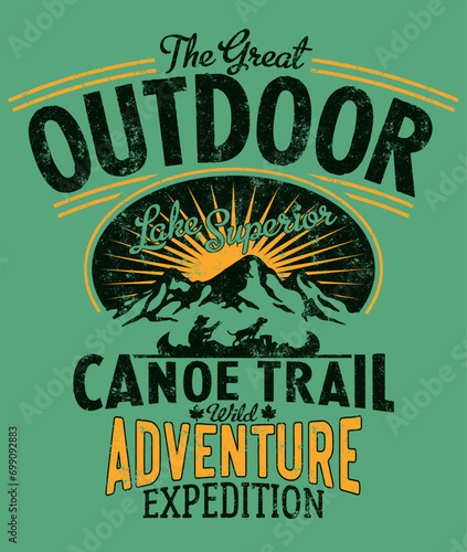 Great outdoor canoe trail wild adventure vector artwork for children kid shirt sweatshirt grunge effect in separate layer