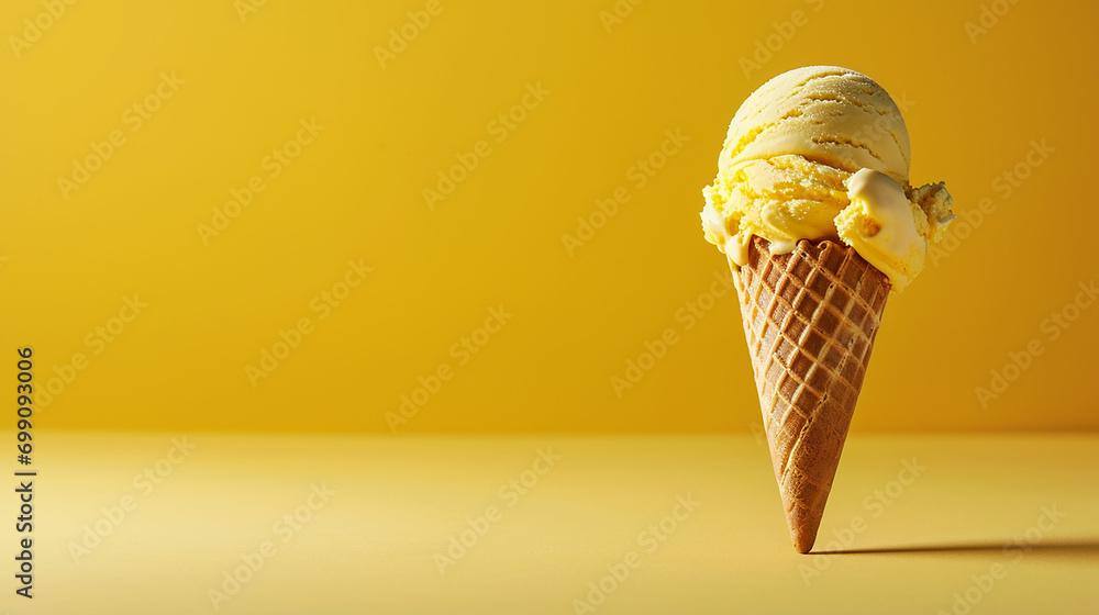 Yellow ice Cream cone, on a yellow background. Made with generative ai Yellow ice Cream cone, on a yellow background. Made with generative ai
