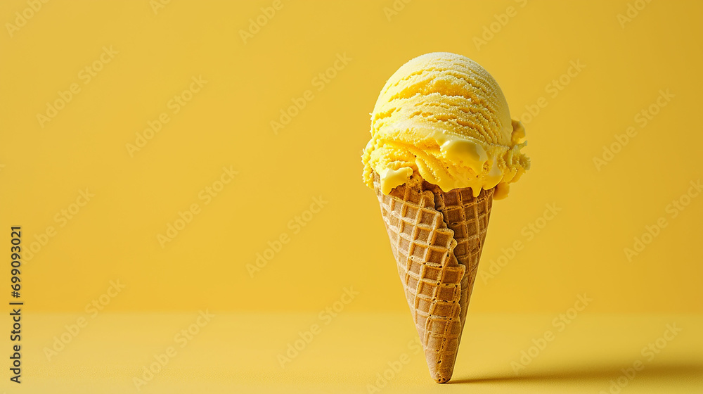 Yellow ice Cream cone, on a yellow background. Made with generative ai Yellow ice Cream cone, on a yellow background. Made with generative ai