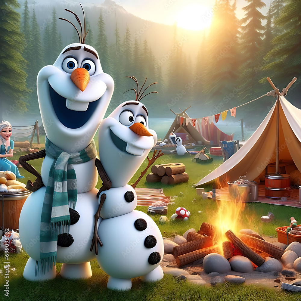Frozen Olaf in summer camp, generative AI - obrazy, fototapety, plakaty 