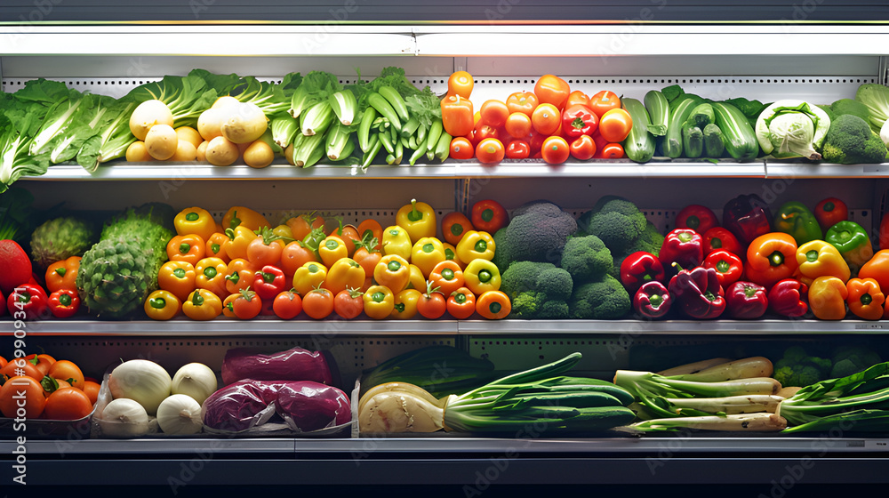 Farm Fresh Bounty.Fruits and Vegetables in the Supermarket Refrigerator.AI Generative 