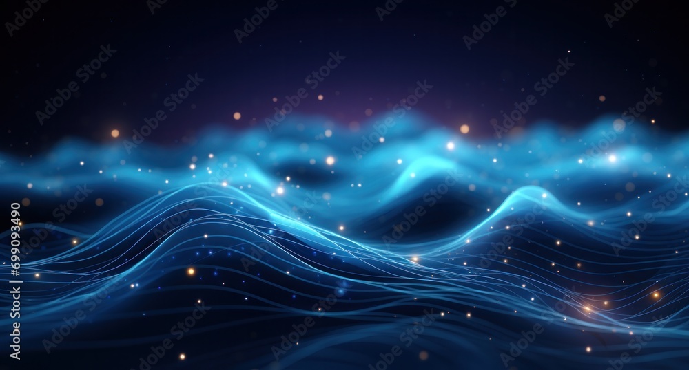 Obraz premium night, sky, light, nature, star, dusk, skyline, urban, downtown, evening. night sky landscape with alpine mountain valley, low clouds, starry sky, and dark blue sky, city illumination via ai generate.