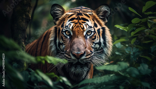 Bengal tiger, majestic and fierce, hides in the tropical rainforest generated by AI