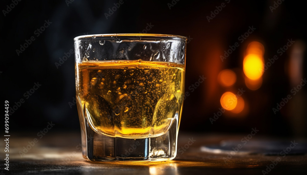 Whiskey glass on bar table, dark wood background, fresh drink generated by AI