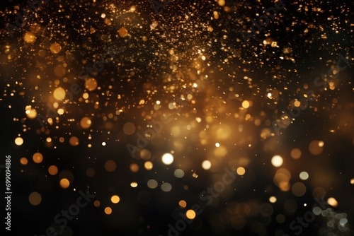 gold  dust  light  sparkle  luxury  glow  christmas  confetti  magic  shine. banner with a background image of golden dust and black sequins. falling around likes nebula galaxy and star in universe.