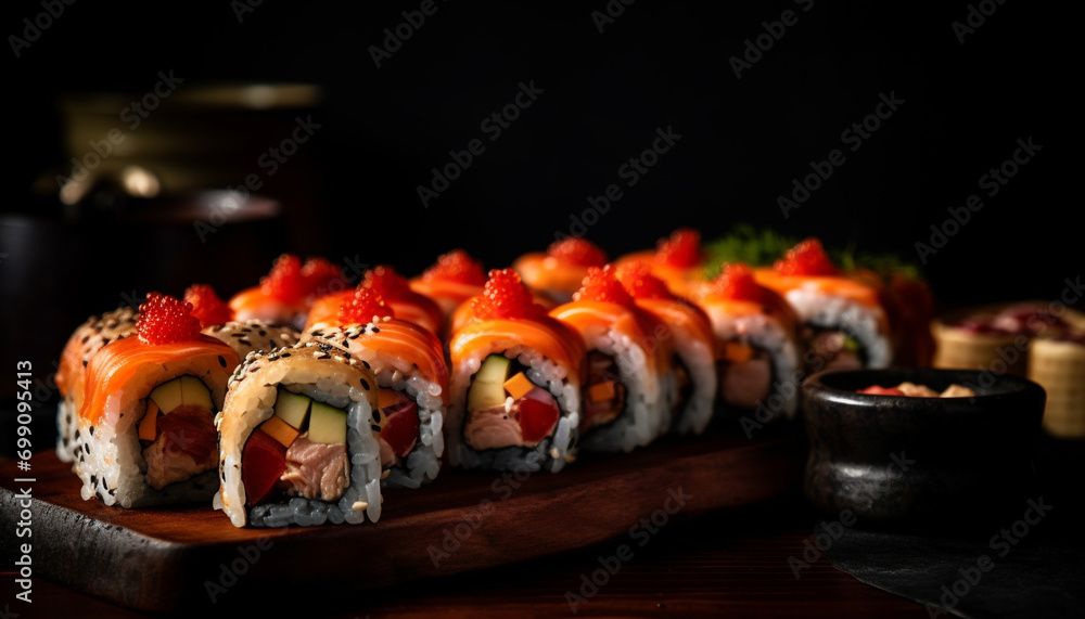 Freshness and cultures on a plate gourmet seafood, maki sushi generated by AI Freshness and cultures on a plate gourmet seafood, maki sushi generated by AI