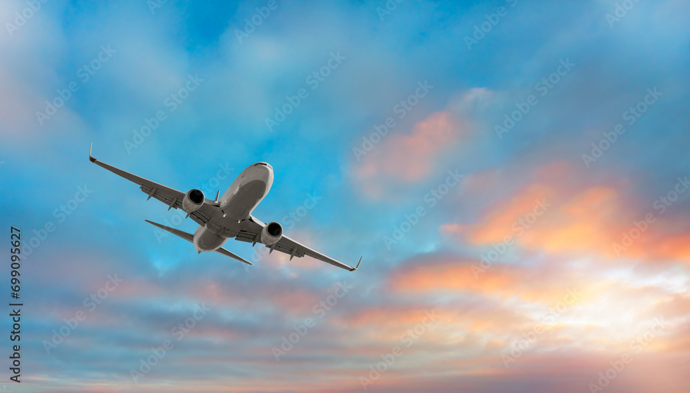 Obraz premium Airplane flying above tropical sea at sunset
