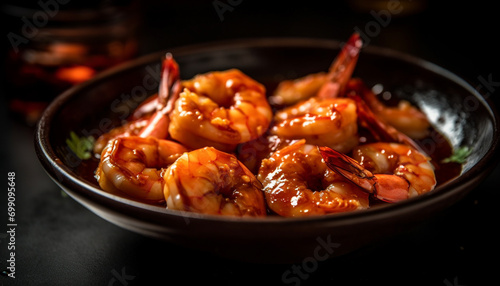 Grilled prawn on plate, a delicious seafood gourmet meal generated by AI