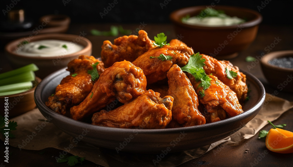Grilled chicken wings on a rustic wooden plate, spicy and crunchy generated by AI Grilled chicken wings on a rustic wooden plate, spicy and crunchy generated by AI