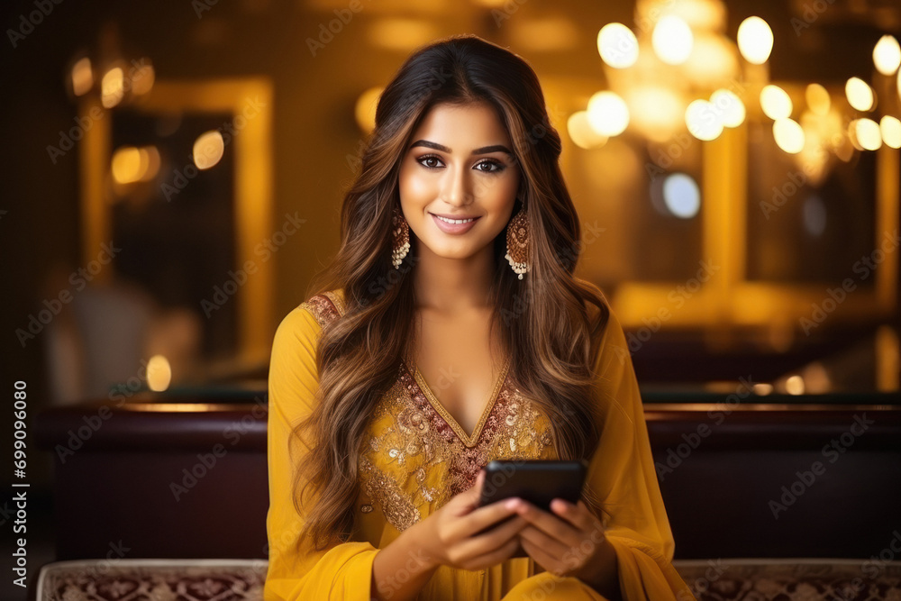 young indian woman holding smartphone young indian woman holding smartphone