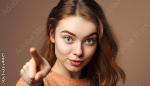 One young woman, with brown hair, looking at camera smiling generated by AI