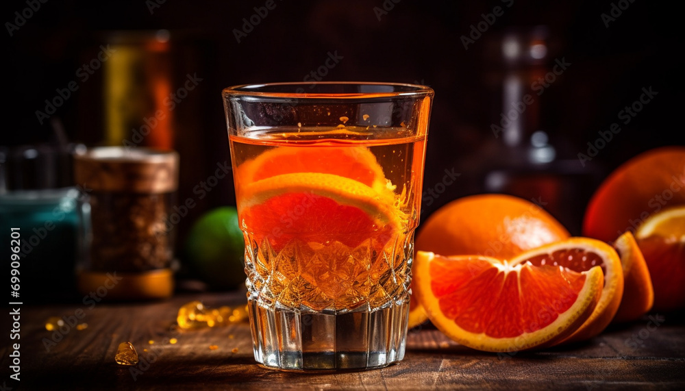 Fresh fruit cocktail on wooden table with ice and citrus generated by AI Fresh fruit cocktail on wooden table with ice and citrus generated by AI