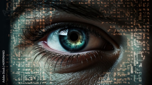 technology, computer, cyber, hacker, futuristic, network, code, coding, security, artificial intelligence. close up to a woman eyes, and around of eyeblow has electric circuit, motherboard show on it.