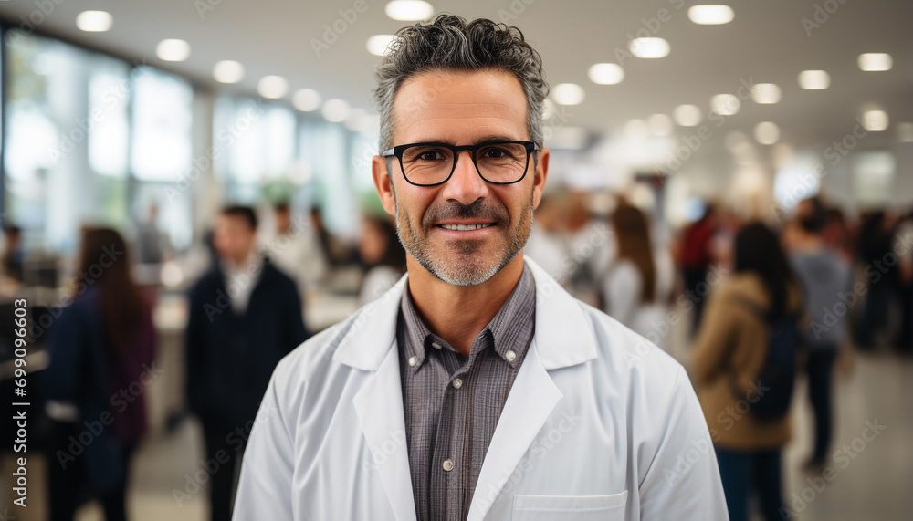Confident businessman smiling, standing in office with coworkers, successful teamwork generated by AI Confident businessman smiling, standing in office with coworkers, successful teamwork generated by AI