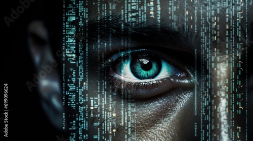 technology, computer, cyber, hacker, futuristic, network, code, coding, security, artificial intelligence. close up to a woman eyes, and around of eyeblow has electric circuit, motherboard show on it.