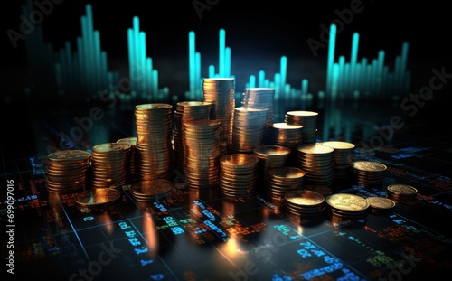 finance, investment, profit, background, economy, financial, growth, money, exchange, wealth. investment benefits surrounded by coins and banknotes building financial with bar chart backdrop.