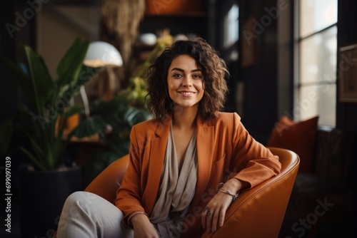 portrait, business, businesswoman, office, opportunity, co-worker, working space, leadership, smile, elegance. portrait image is close up businesswoman at working space. behind have office asset.