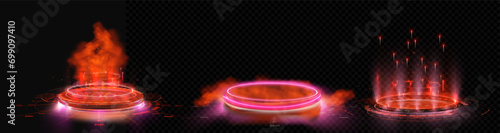Futuristic podium red light portal effect isolated on transparent background. Abstract Digital Fire Rings and Particles on a Futuristic Interface Background. Realistic teleportation portal. Vector
