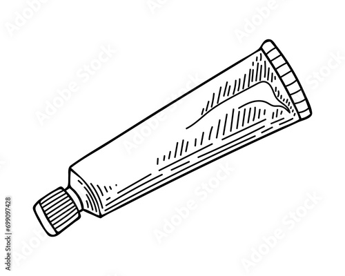 Cosmetic tube sketch. Hygiene beauty cream. Hand drawn line art illustration.