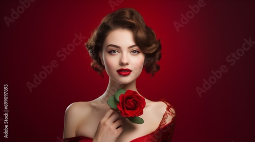 A young woman with healthy long wavy dark hair, beautiful makeup and a rose. Salon, care.