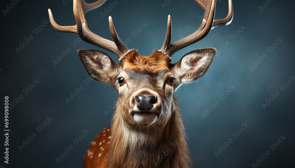 Fototapeta premium Cute deer looking at camera, surrounded by winter snow generated by AI