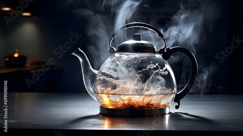 tea kettle with boiling water photo