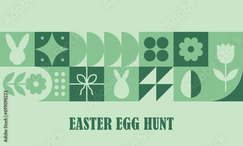 Easter egg hunt banner. Neo geometric pattern. Modern abstract background with green simple shapes, bunny and eggs. Vector illustration in bauhaus minimalist style.