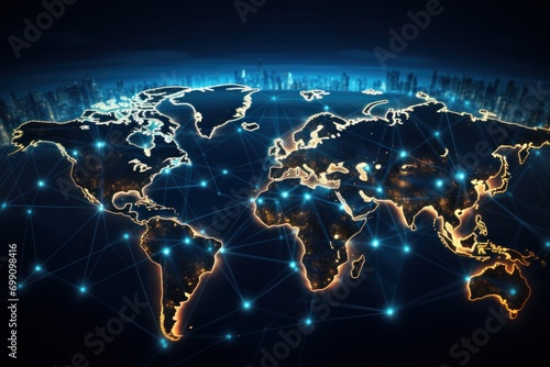 earth  cyberspace  continent  global  map  network  connection  technology  business  communication. the continent in world with internet network technology system on night. there all connected.
