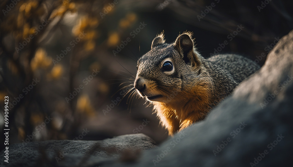 Fluffy mammal sitting on tree, eating grass in autumn forest generated by AI Fluffy mammal sitting on tree, eating grass in autumn forest generated by AI