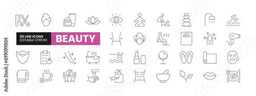 Set of 36 Beauty line icons set. Beauty outline icons with editable stroke collection. Includes Sauna, Yoga, Swimming, Pedicure, Hair Dryer, and More.