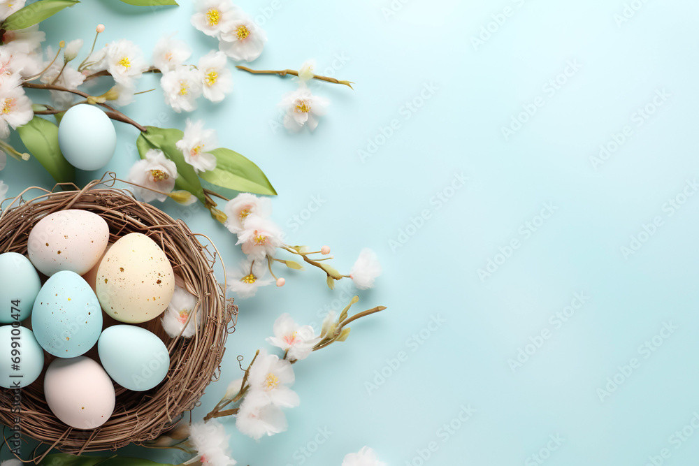 a natural easter nest with pastel colored easter eggs inside on a light blue ground with white flowers around, space for text, easter background